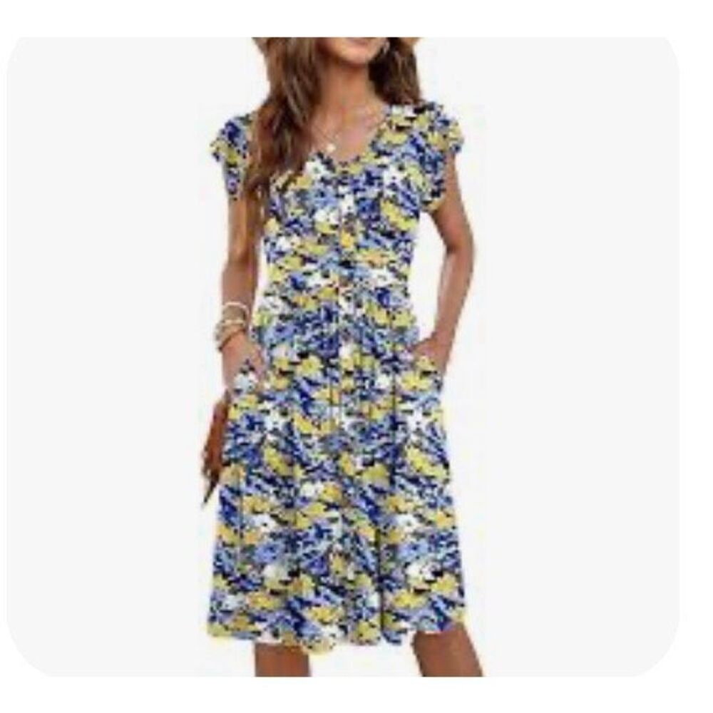 WNEEDU Dress Size Large Black, gray, yellow floral Print Cap Sleeves Pockets